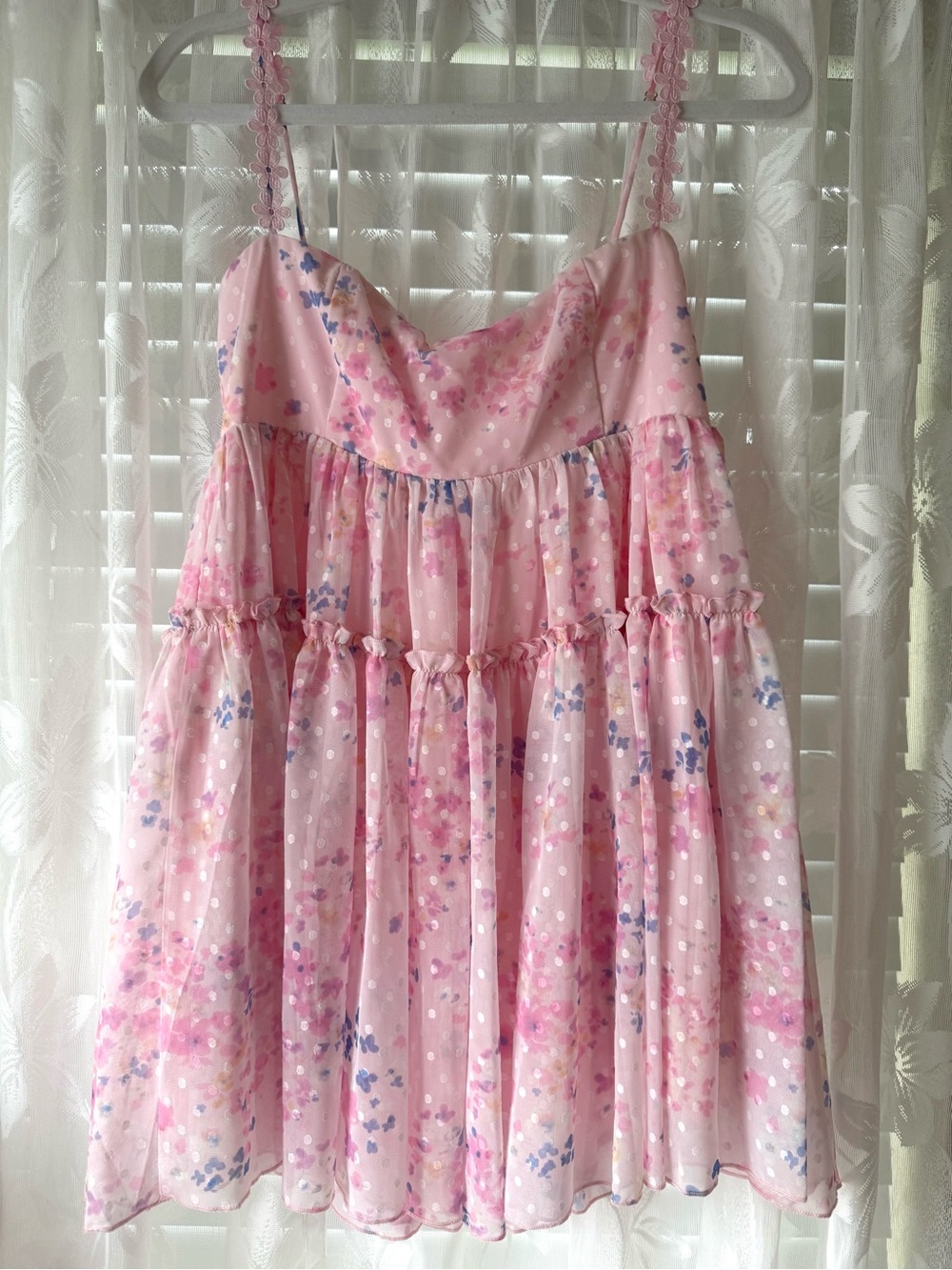Lucy in the Sky Pink Floral Babydoll Sheer Chiffon Tiered Ruffle Dress - Small